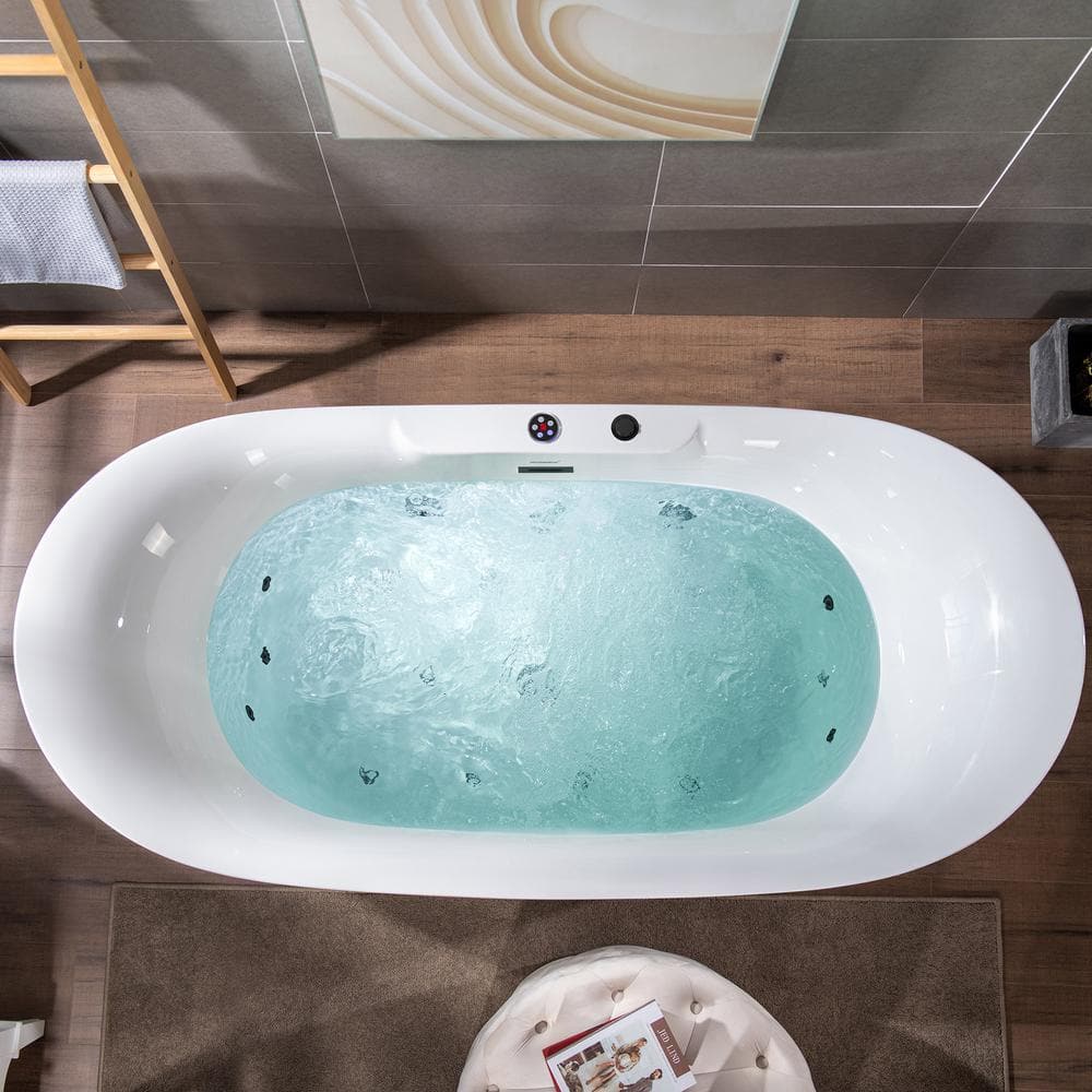 72" White Acrylic Freestanding Whirlpool Bathtub with Matte Black Hardware