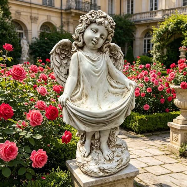 21.06" Tall Weathered Angel Cherub Garden Statue, Resin Dress Sculpture Figurine, Decorative Outdoor Yard Lawn Patio