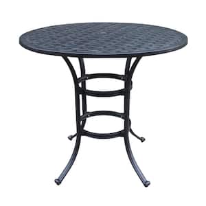 Lattice-Patterned Design Round Powder-Coated Cast Aluminum Outdoor Dining Table with Umbrella Hole in Dark Lava Bronze