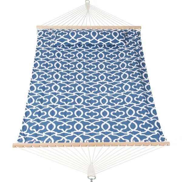 Double Hammock Quilted Fabric Swing with Spreader Bar, Detachable Pillow, 55 in. x 79 in. Large Hammock, Blue Pattern