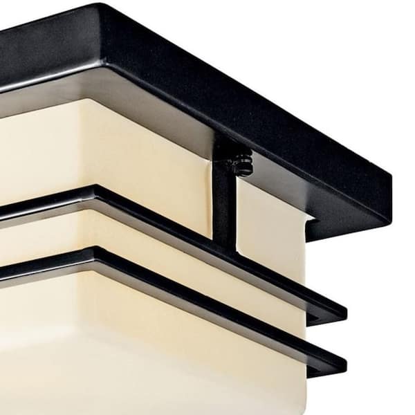 Tremillo 2-Light Black Outdoor Porch Ceiling Flush Mount Light with Satin Etched Cased Opal Glass (1-Pack)