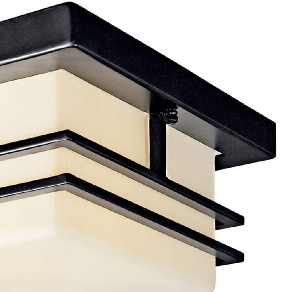 Black and Opal Glass 2-Light Outdoor Flush Mount Ceiling Fixture