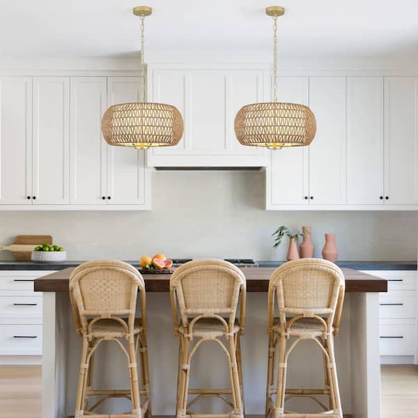 6 light 18.89" Dimmable Gold Bohemian Drum Natural Rattan Chandelier for Kitchen Island with no bulbs included