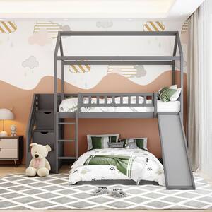 Gray Twin Over Twin Bunk Bed with 2-Drawers and Slide, House Bunk Bed Frame with Staircases and Guardrail, Loft Bed