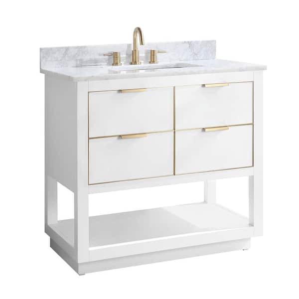 Allie 37 in. Single Sink White with Gold Trim Bath Vanity with Carrara White Marble Top