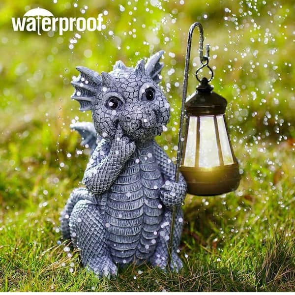 SenQWFa Solar Gray Dragon Statues for Front Patio Balcony Yard Art
