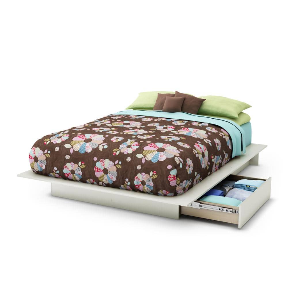Queen White Wood Platform Bed with Storage Drawers