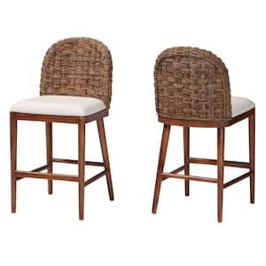 Denver 23 in. White and Walnut Brown Wood Counter Stool with Woven Seagrass (Set of 2)