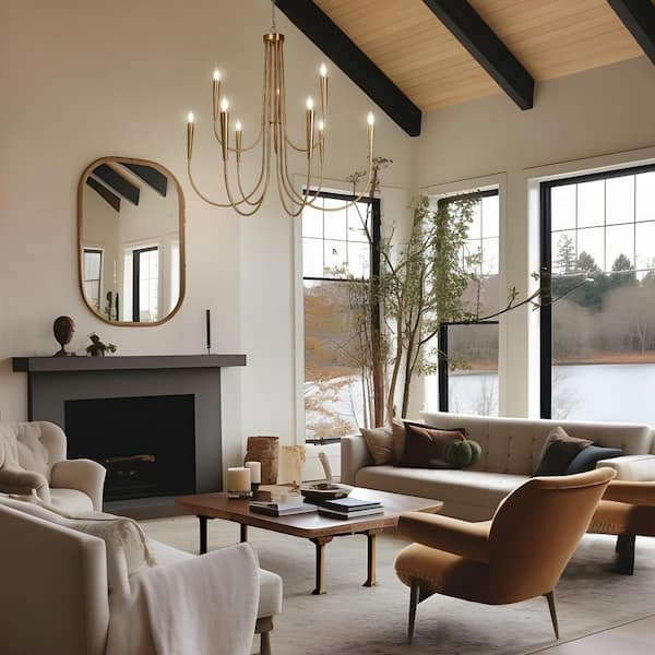 41.3 in. Classic 9-Light Plating Brass 2-Tier Candlestick Island Chandelier with Curvy Arms for Kitchens Dining Rooms
