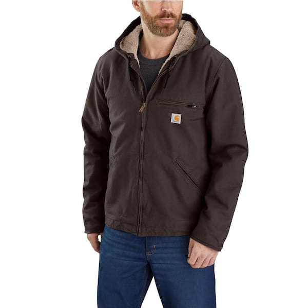 Carhartt Men's Medium Dark Brown Cotton Relaxed Fit Washed Duck Sherpa-Lined Jacket