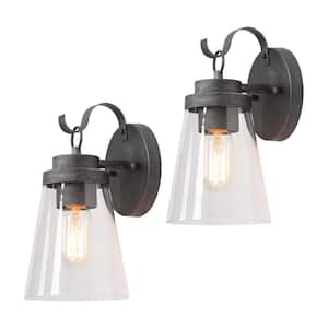 Gray/Black Finish Outdoor Wall Lantern Set of 2 - Rustic Industrial Style - Clear Glass