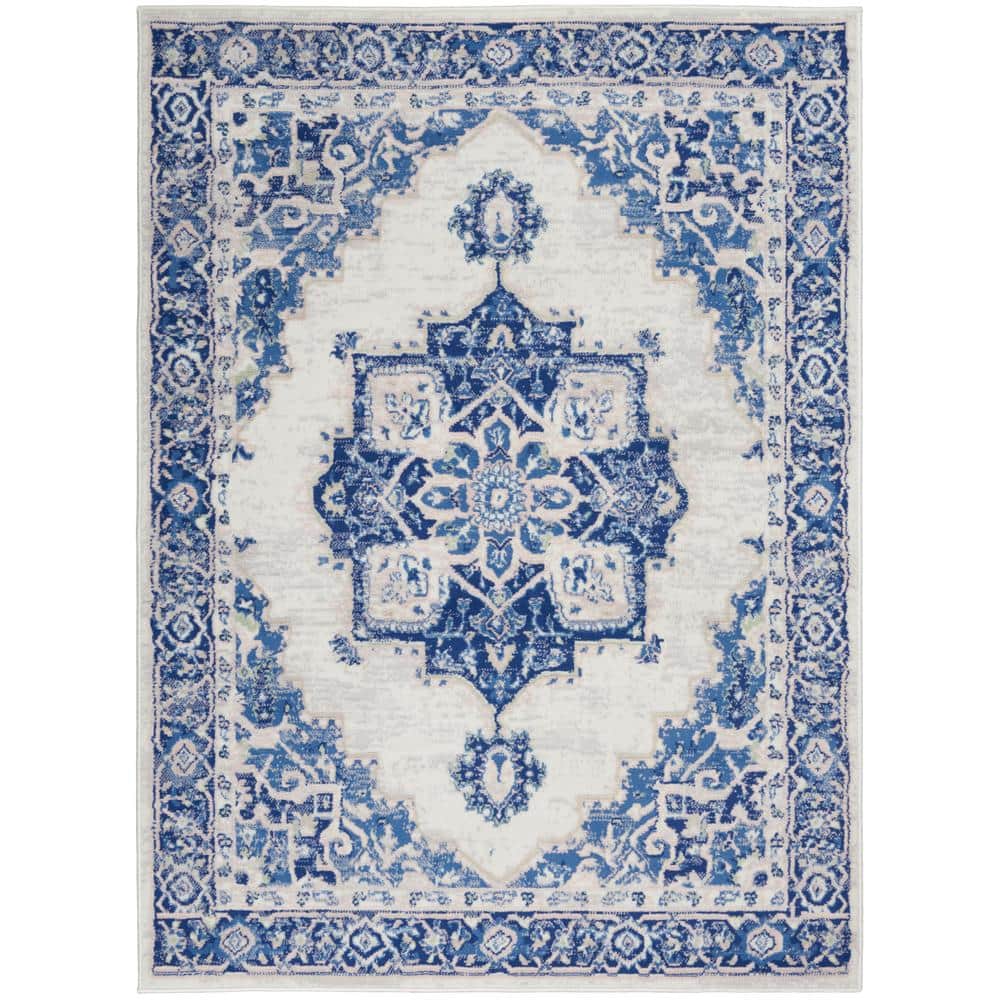 Ivory Blue Floral 4' x 6' Reversible Synthetic Area Rug
