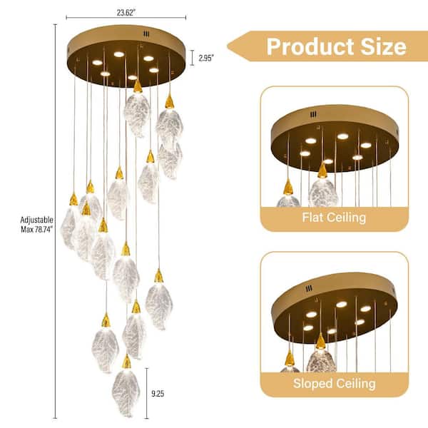 YUYI Modern 78 in. H 14-Light Integrated LED Gold Crystal