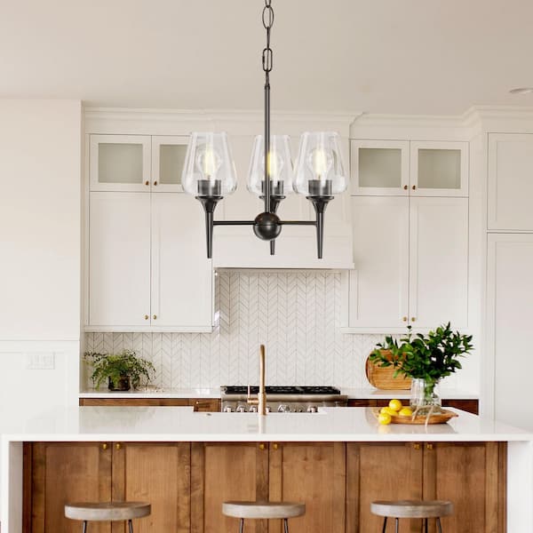 Sunpez 16 in. W, 3-Light Black Chandelier Adjustable Height Fixture for Island Dining Room, E26, No Bulbs Included