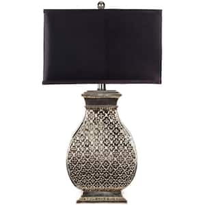 Malaga 29 in. Antique Silver Hammered Metal Table Lamp with Satin Black Shade