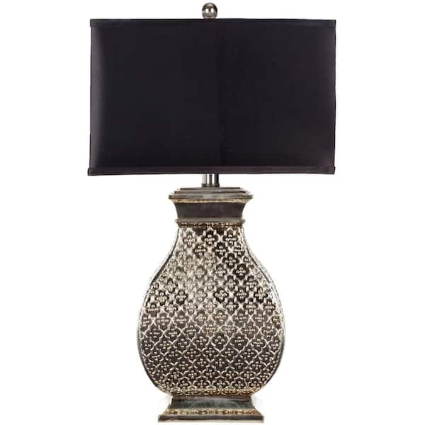 SAFAVIEH Malaga 29 in. Antique Silver Hammered Metal Table Lamp with Satin Black Shade