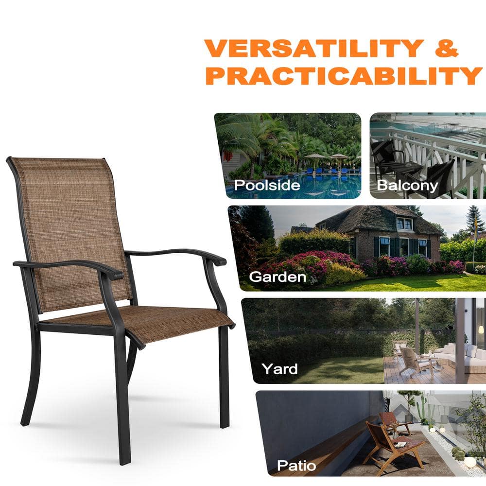 Black and Brown Steel Frame Outdoor Dining Chairs with Armrests