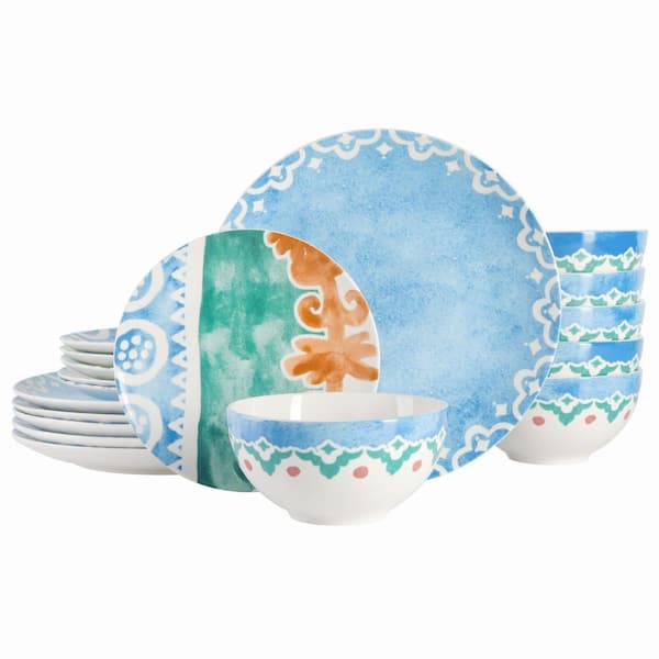 Savory Saffron 18-PieceRound Fine Ceramic Dinnerware Set in Golden Blue