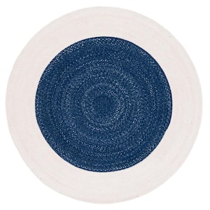 Braided Navy Ivory 3 ft. x 3 ft. Abstract Border Round Area Rug