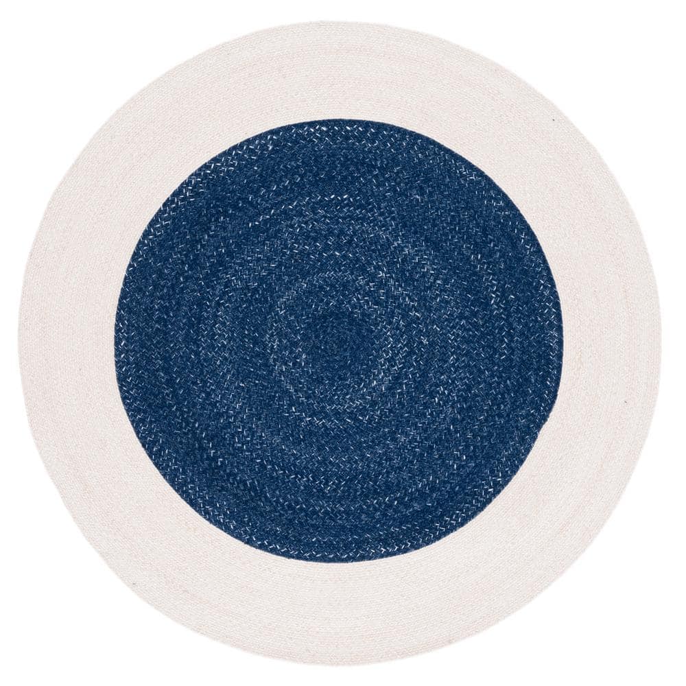 Handwoven Navy and Ivory Synthetic Braided Round Rug, 6'