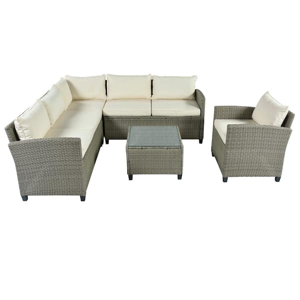 5-Piece Wicker Rattan Outdoor Patio Sectional Sofa Set with Beige ...