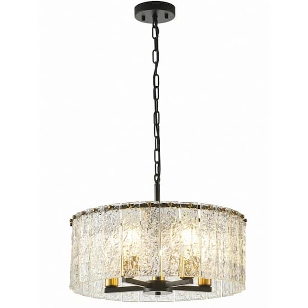YANSUN 5-Light Black and Gold Drum Pendant Chandelier Adjustable Height Lighting for Living Room