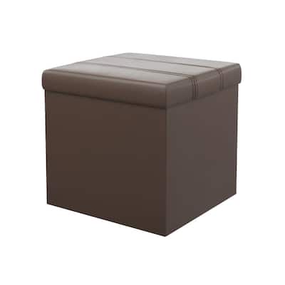 Foldable Square Brown Faux Leather Storage Ottoman Bench with Channel Tufting