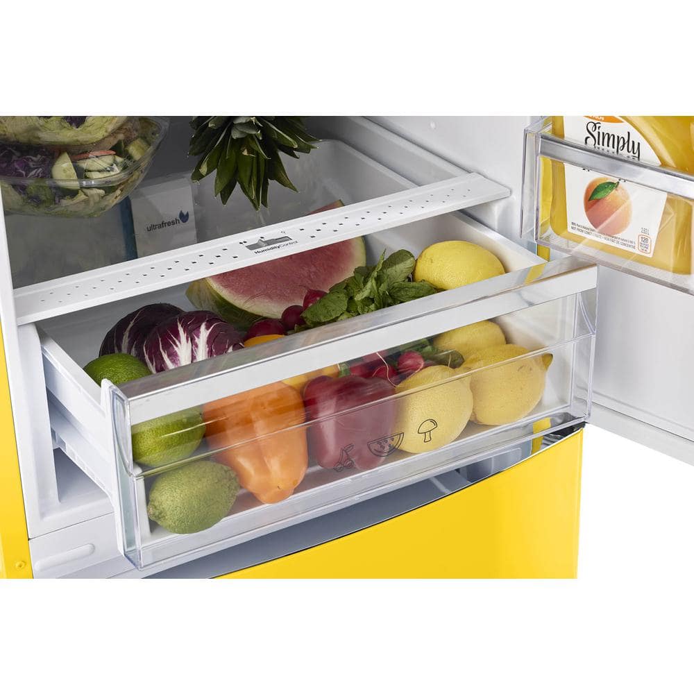 Canary Yellow Retro Bottom Freezer Refrigerator with Chrome Handles