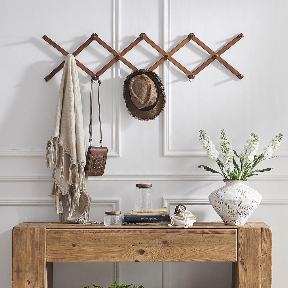 Walnut Accordion Wall Hanger, Expandable Wall Mounted Coat Rack with 14-Peg
