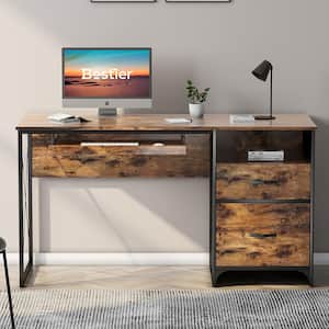 55 in. Rectangular Rustic Brown Office Desk with Storage-Drawers and Keyboard Tray
