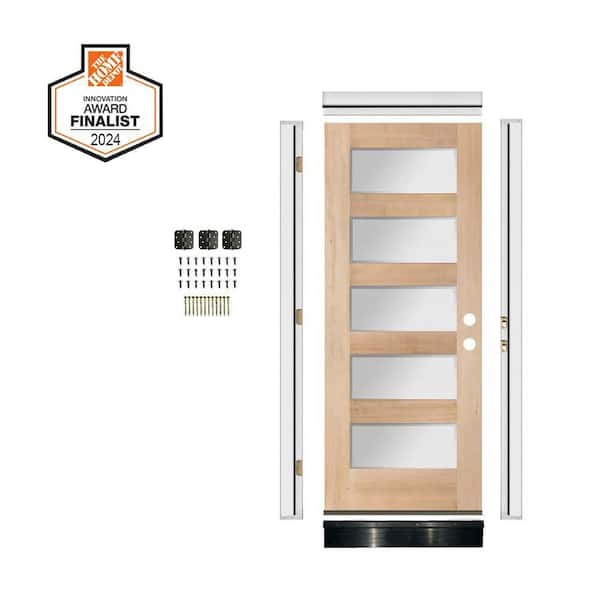 DIY 36 in. x 80 in. Hemlock 5-Lite Left-Hand Frosted Glass Unfinished Wood Front Door Kit w/ Quick Assemble Jamb