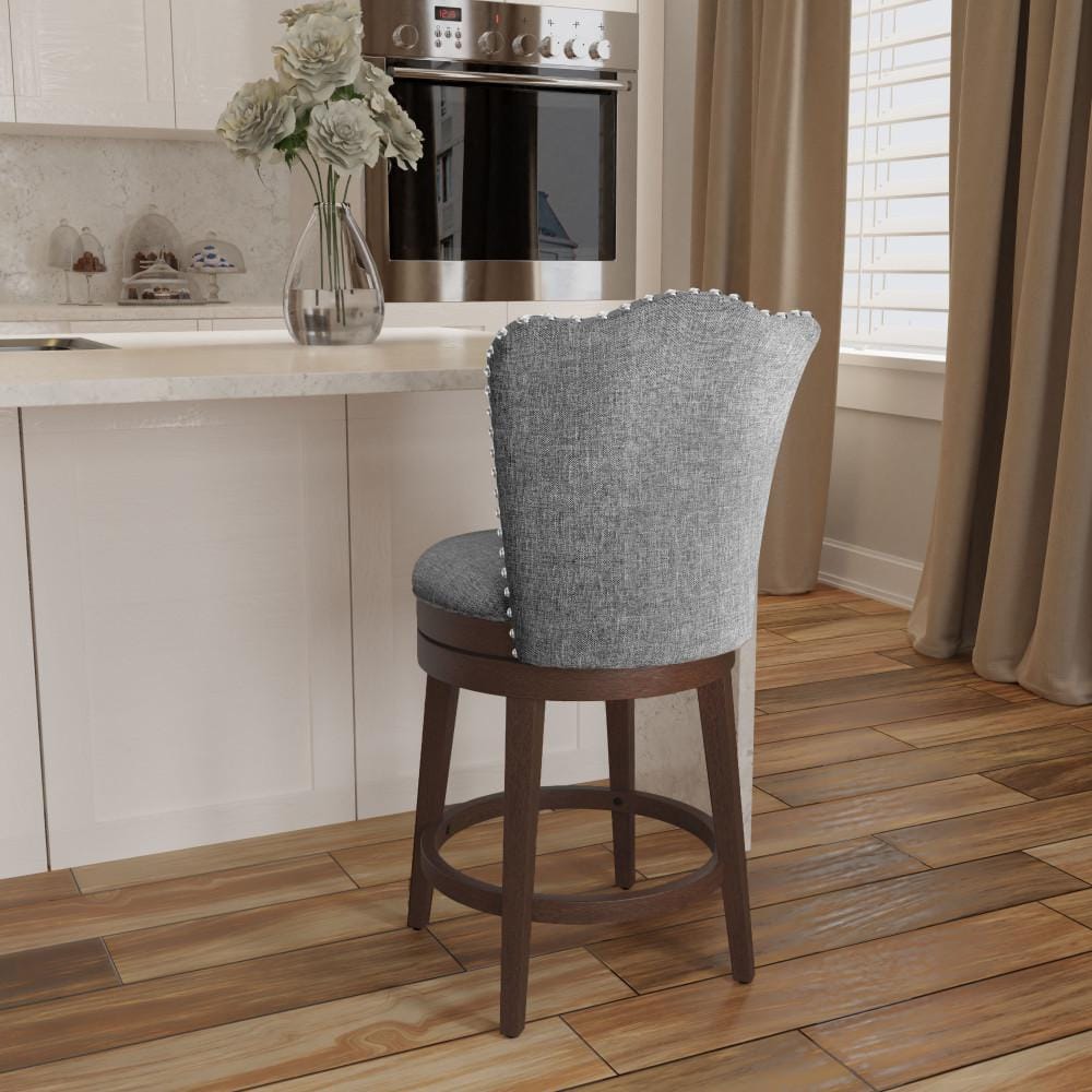 Gray Button-Tufted Wood Swivel Counter Stool