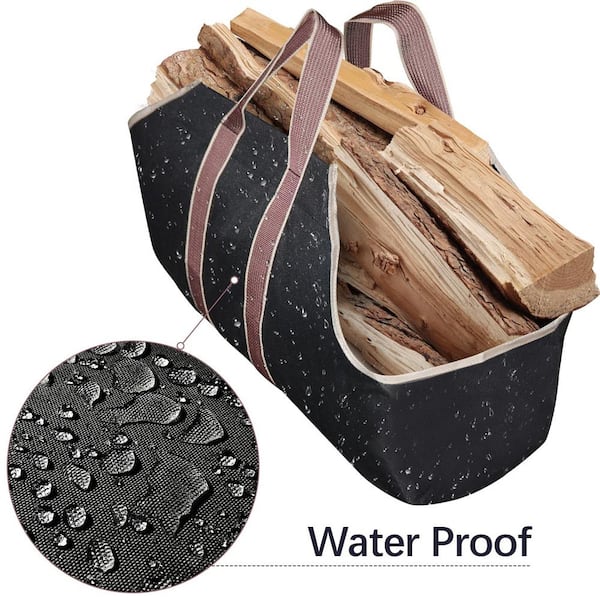 Angel Sar Black Spacious Canvas Tote Bag for Indoor Fireplace, Outdoor Woodpile Organization & Efficient Firewood Hauling