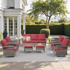 Nyajiah 9-Piece Wicker Outdoor Patio Conversation Set with Red Cushions