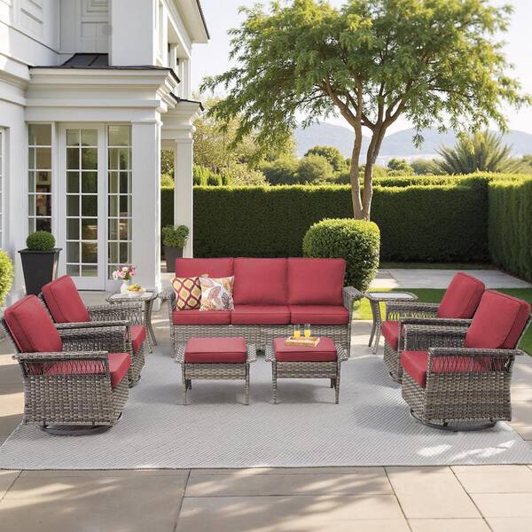 Buenaola Nyajiah 9-Piece Wicker Outdoor Patio Conversation Set with Red Cushions