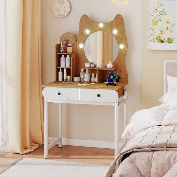 White Small Vanity Desk w/ Mirror & Lights Cute Kitty Makeup Table w/Power Outlets
