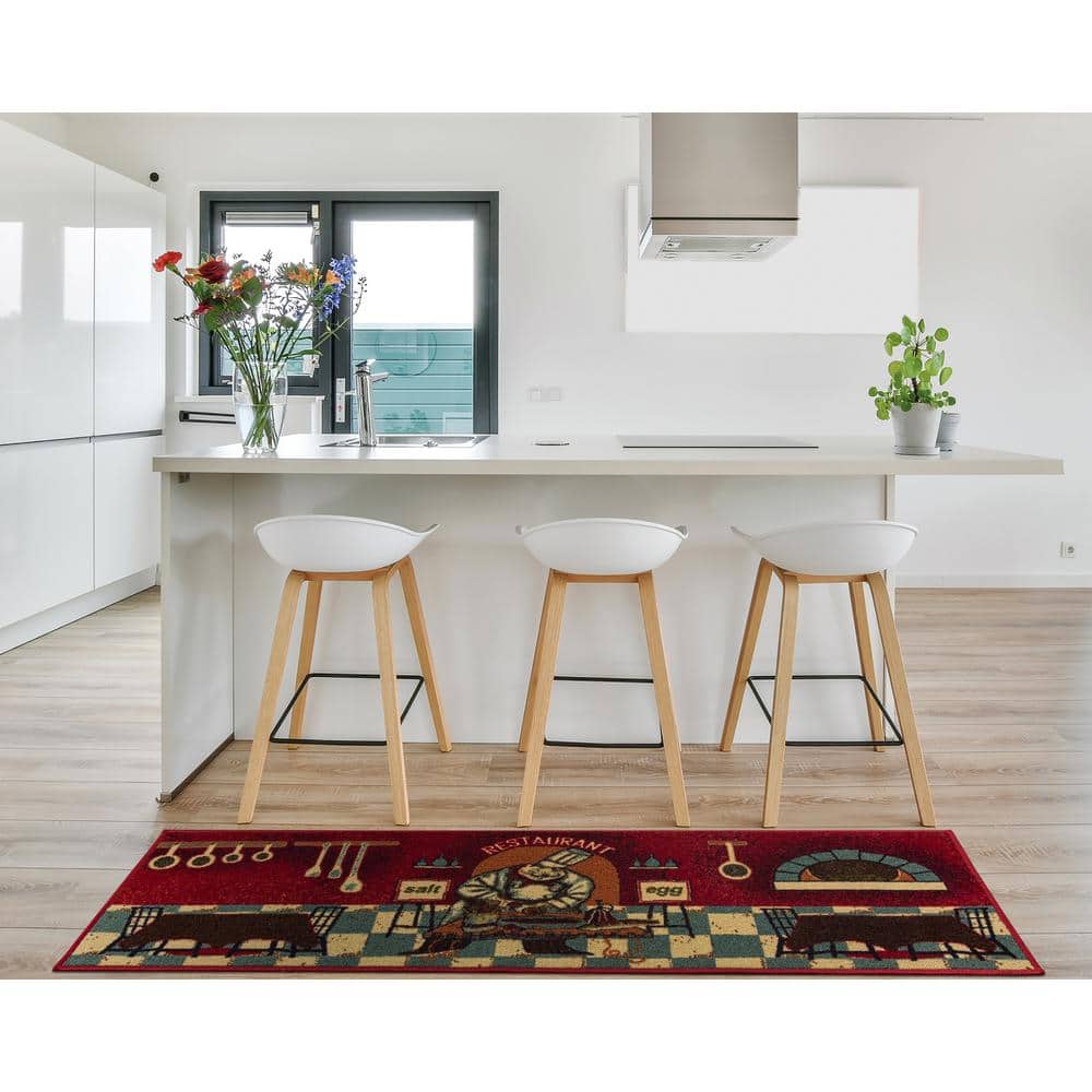 Red Chef Design Non-Slip Kitchen Runner Rug, 20" x 59"