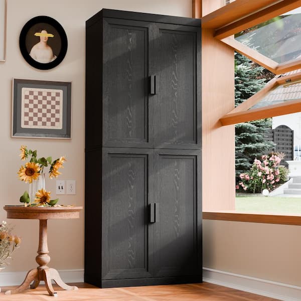 Black Wood 82 in. H Storage Cabinet with Adjustable Shelves for Living Room Kitchen and Bedroom