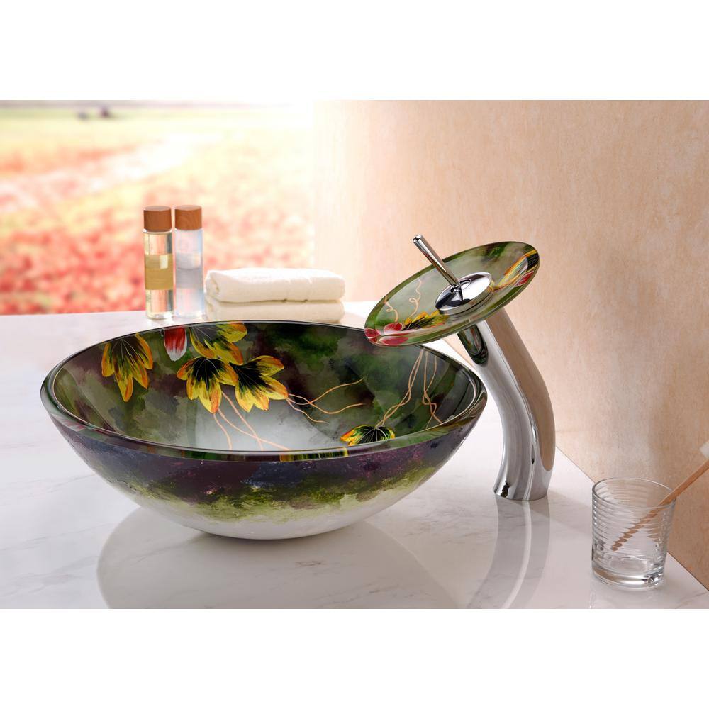 Hand-Painted Green Floral Glass Bathroom Vessel Sink