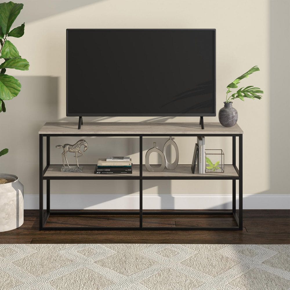 Antiqued Gray Oak and Blackened Bronze 70-inch Transitional TV Stand