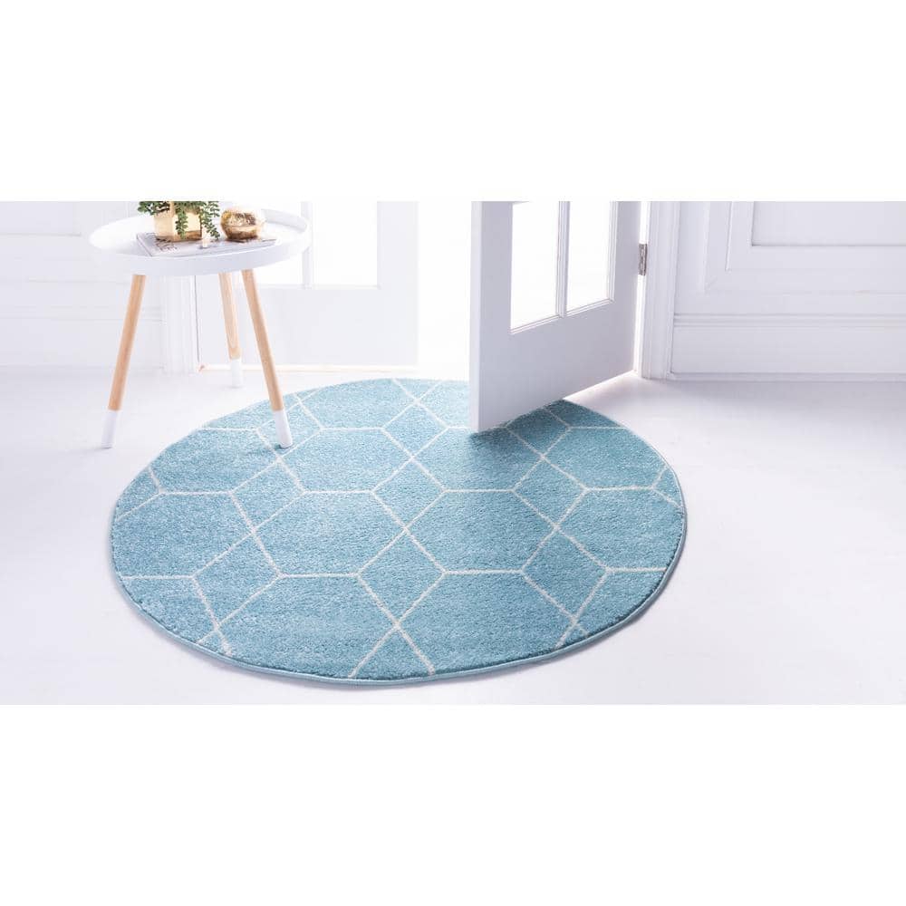 Light Blue and Ivory Round Geometric Trellis Rug