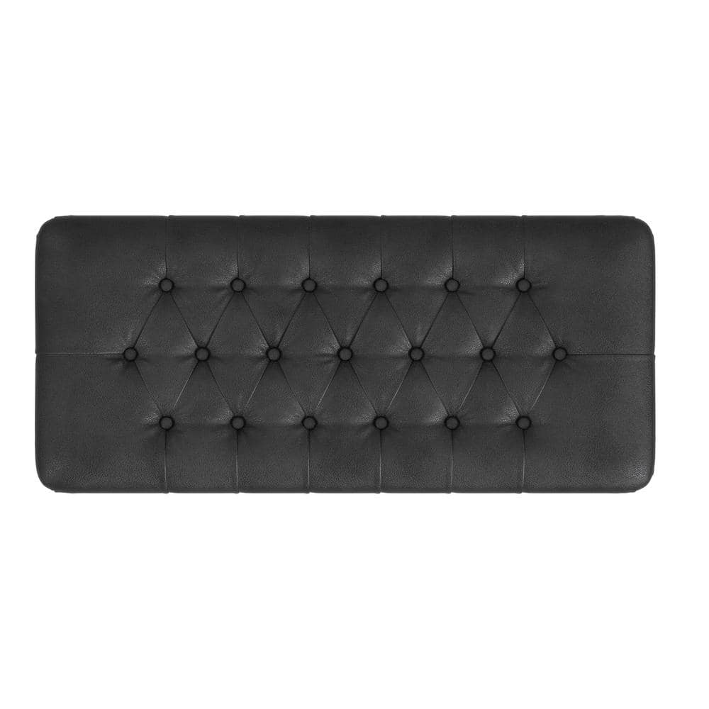 Black Faux Leather Tufted Storage Cocktail Bench with Oak Legs