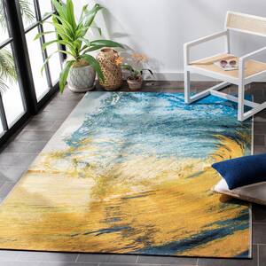 Barbados Blue/Gold 8 ft. x 8 ft. Square Gradient Waves Indoor/Outdoor Area Rug