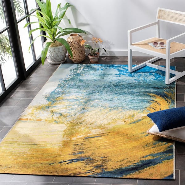 Barbados Blue/Gold 8 ft. x 8 ft. Square Gradient Waves Indoor/Outdoor Area Rug