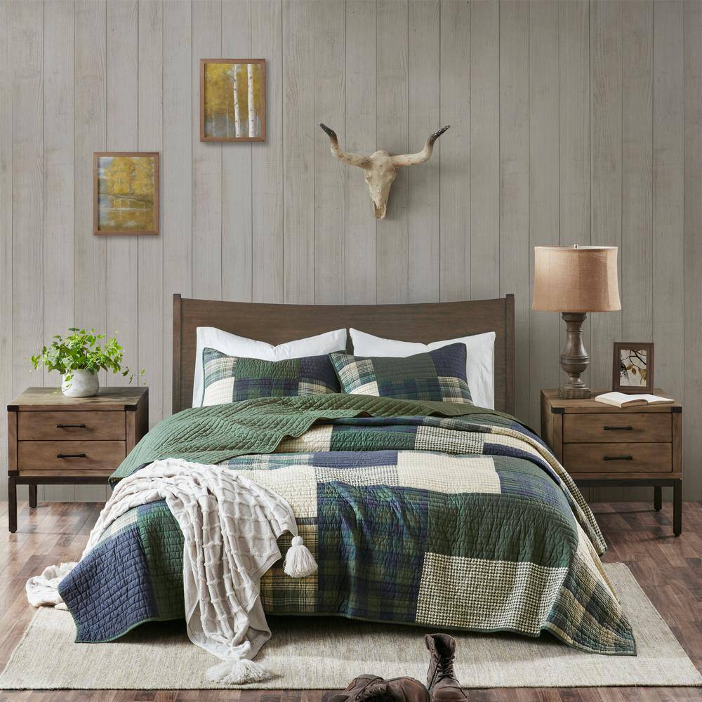 Navy and Green Cotton Patchwork Twin Quilt Set