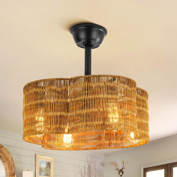 RRTYO Steverson 20 in. 4-Light Farmhouse Indoor Black and Deep Brown Geometric Drum Ceiling Fan Lighting with Remote Included