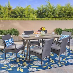 San Andres Gray 7-Piece Wood and Faux Rattan Outdoor Dining Set with Gray Cushions