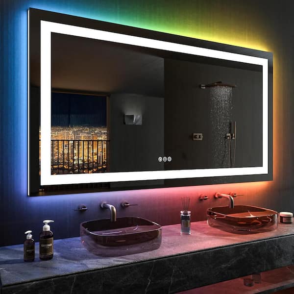 KIOTEE 60 in. W x 36 in. H Rectangular Frameless LED Frontlit, RGB Backlit Anti-Fog Tempered Glass Wall Bathroom Vanity Mirror