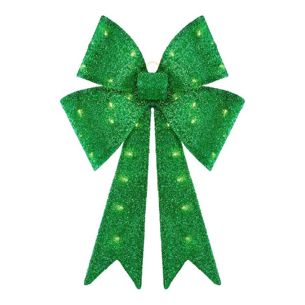 24 in. Yuletide Lane LED Green Tinsel Bow Holiday Yard Decoration