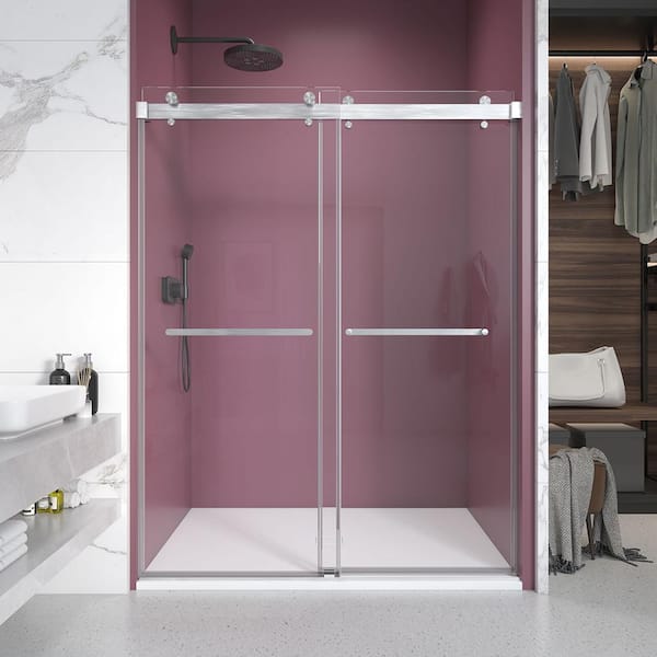 KZG 66 in. W x 76 in. H Double Sliding Frameless Shower Door in Brushed Nickel with Clear 3/8 in. Glass